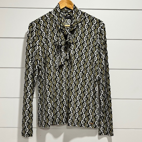 Tahari groovy graphic print long sleeve bow collar blouse size L - Picture 1 of 15